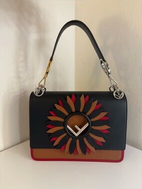 Fendi Black Leather Shoulder Bag with Brown & Red Floral Motif